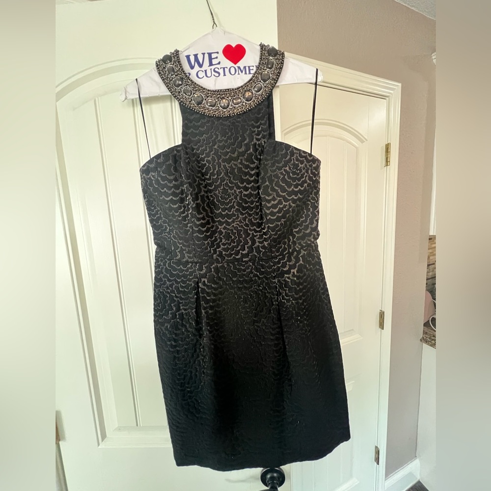 Trina Turk jeweled collared black and gold jacquard dress. Size 4.